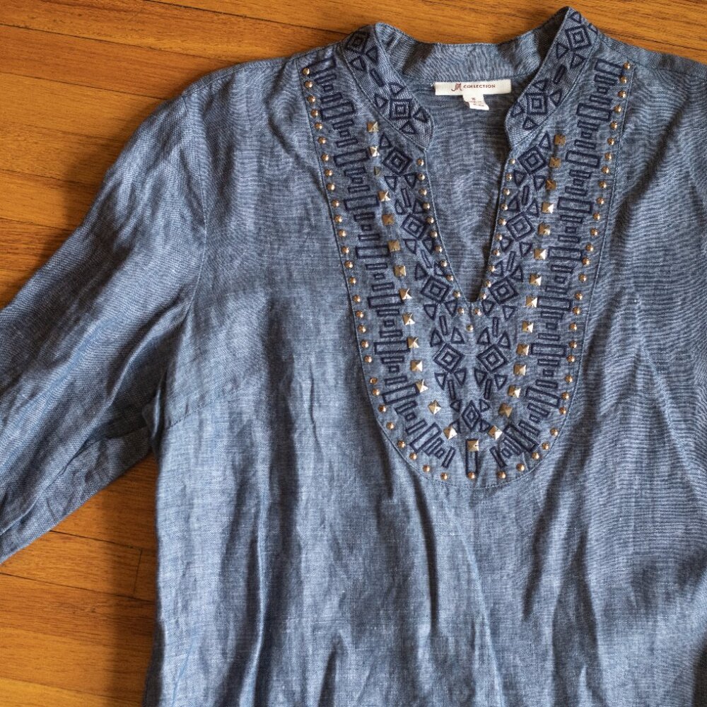 100% Linen Embellished Blouse | Denim Blue Top | Side Slits | Boho Relaxed Fit